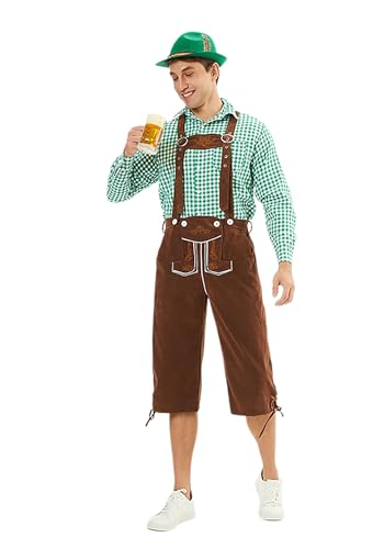 Oktoberfest Kostüm Herren, Oktoberfest Bayerisches Kostüm Faschingskostüme Karohemden Lederhosen Set Cosplay Bierfest Deutsches Motto Party Karneval Fastnacht Kleidung für Erwachsene Grün L von Velcoxplay