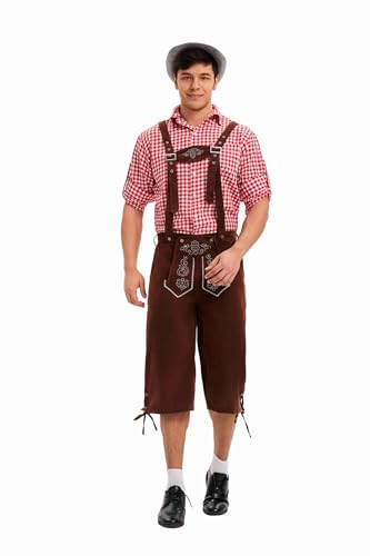 Oktoberfest Kostüm Herren, Oktoberfest Bayerisches Kostüm Faschingskostüme Karohemden Lederhosen Set Cosplay Bierfest Deutsches Motto Party Karneval Fastnacht Kleidung für Erwachsene Rot L von Velcoxplay