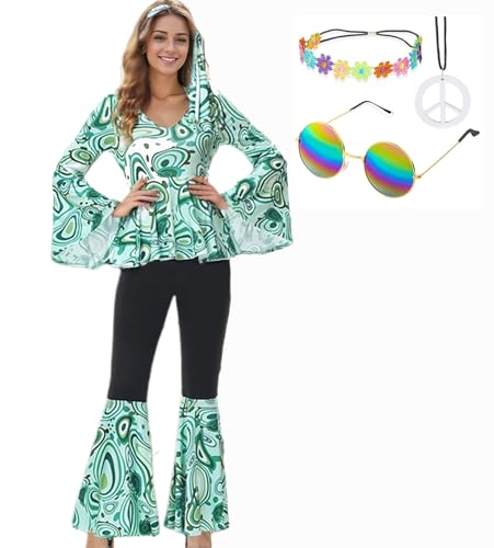 Velcoxplay 60er 70er Jahre Hippie Kostüm Damen, Hippie Kleidung Schlaghose für Faschings Kostüm Disco Party Halloween Karneval Disco Outfit Grün L von Velcoxplay