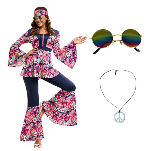 Velcoxplay 60er 70er Jahre Hippie Kostüm Damen, Hippie Kleidung Schlaghose für Faschings Kostüm Disco Party Halloween Karneval Disco Outfit M von Velcoxplay