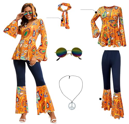 Velcoxplay 60er 70er Jahre Hippie Kostüm Damen, Hippie Kleidung Schlaghose für Faschings Kostüm Disco Party Halloween Karneval Disco Outfit Orange L von Velcoxplay