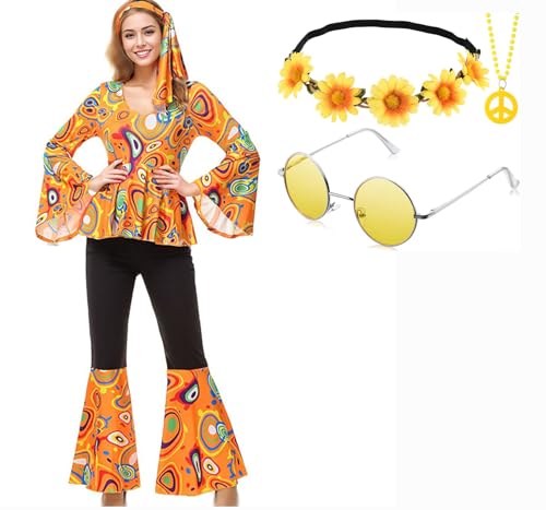 Velcoxplay 60er 70er Jahre Hippie Kostüm Damen, Hippie Kleidung Schlaghose für Faschings Kostüm Disco Party Halloween Karneval Disco Outfit Orange M von Velcoxplay