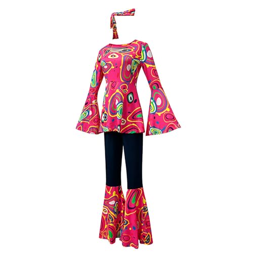 Velcoxplay 60er 70er Jahre Hippie Kostüm Damen, Hippie Kleidung Schlaghose für Faschings Kostüm Disco Party Halloween Karneval Disco Outfit Rosa L von Velcoxplay