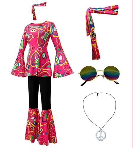 Velcoxplay 60er 70er Jahre Hippie Kostüm Damen, Hippie Kleidung Schlaghose für Faschings Kostüm Disco Party Halloween Karneval Disco Outfit Rosa M von Velcoxplay