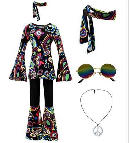 Velcoxplay 60er 70er Jahre Hippie Kostüm Damen, Hippie Kleidung Schlaghose für Faschings Kostüm Disco Party Halloween Karneval Disco Outfit Schwarz L von Velcoxplay