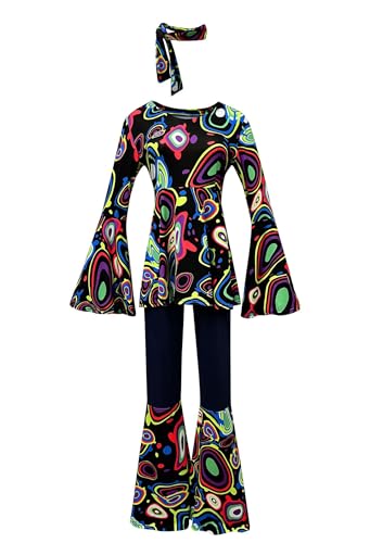 Velcoxplay 60er 70er Jahre Hippie Kostüm Damen, Hippie Kleidung Schlaghose für Faschings Kostüm Disco Party Halloween Karneval Disco Outfit Schwarz XL von Velcoxplay