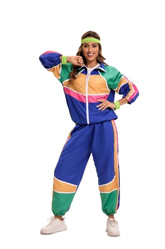 Velcoxplay 80er Jahre Kostüm Damen Trainingsanzug Disco, 80er 90er Retro Anzug Jacke Hose Anzug Style Jogginganzug für Karneval Faschingskostüm Grün L von Velcoxplay