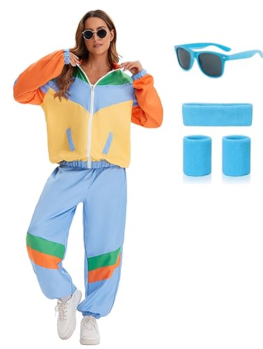 Velcoxplay 80er Jahre Kostüm Damen Trainingsanzug Disco, 80er 90er Retro Anzug Jacke Hose Anzug Style Jogginganzug für Karneval Faschingskostüm M von Velcoxplay