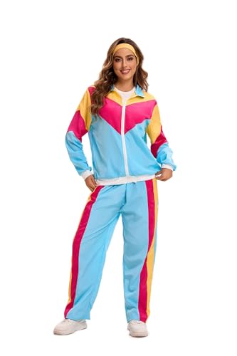 Velcoxplay 80er Jahre Kostüm Damen Trainingsanzug Disco, 80er 90er Retro Anzug Jacke Hose Anzug Style Jogginganzug für Karneval Faschingskostüm M von Velcoxplay