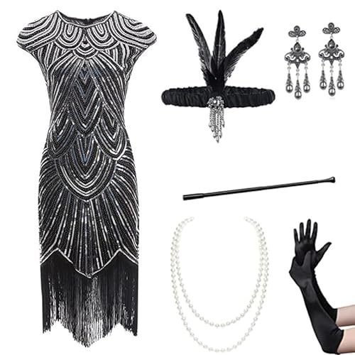 Velcoxplay Damen 1920er Jahre Flapperkleid mit Pailletten, Pailletten Perlen Fransen Kleid mit 20s Zubehör SetRot XXL von Velcoxplay