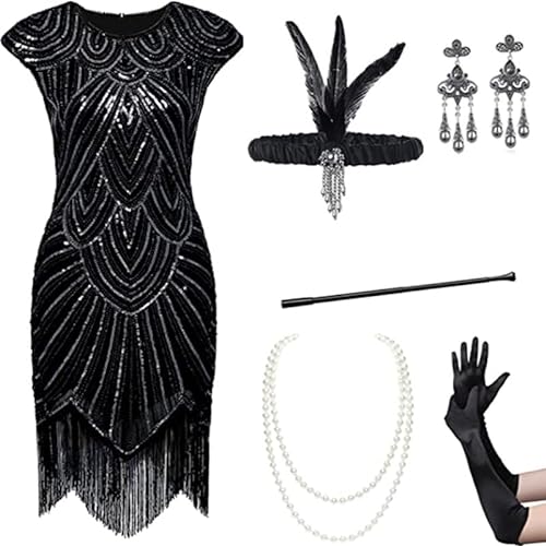 Velcoxplay Damen 1920er Jahre Flapperkleid mit Pailletten, Pailletten Perlen Fransen Kleid mit 20s Zubehör SetSchwarz L von Velcoxplay