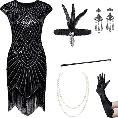 Velcoxplay Damen 1920er Jahre Flapperkleid mit Pailletten, Pailletten Perlen Fransen Kleid mit 20s Zubehör SetSchwarz S von Velcoxplay