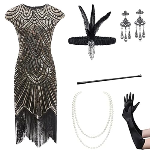 Velcoxplay Damen 1920er Jahre Flapperkleid mit Pailletten, Pailletten Perlen Fransen Kleid mit 20s Zubehör SetSchwarz und Golden L von Velcoxplay