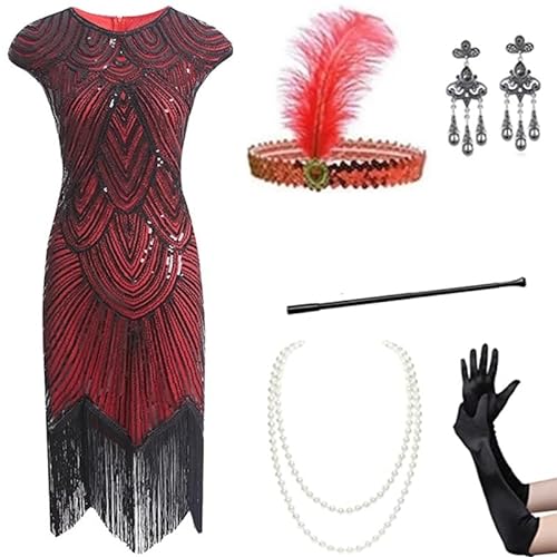 Velcoxplay Damen 1920er Jahre Flapperkleid mit Pailletten, Pailletten Perlen Fransen Kleid mit 20s Zubehör SetWeinrot M von Velcoxplay