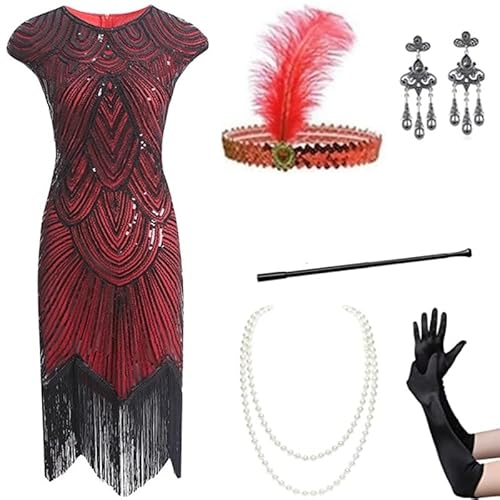 Velcoxplay Damen 1920er Jahre Flapperkleid mit Pailletten, Pailletten Perlen Fransen Kleid mit 20s Zubehör SetWeinrot XL von Velcoxplay