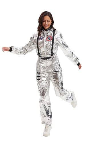 Velcoxplay Damen Astronaut Kostüm Weltraum Raumfahrer Astronauten-Anzug Spaceman Overall Outfit Silber L von Velcoxplay