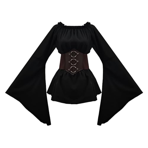 Velcoxplay Damen Gothic Bluse Renaissance Tops Schulterfrei Trompetenärmel Viktorianische Rüschenbluse Langarm Mittelalter Bluse mit Korsett Taille Gürtel Pirate Kostüm Schwarz L von Velcoxplay