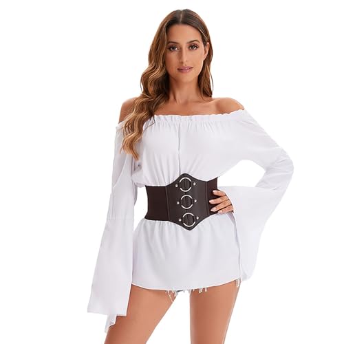 Velcoxplay Damen Gothic Bluse Renaissance Tops Schulterfrei Trompetenärmel Viktorianische Rüschenbluse Langarm Mittelalter Bluse mit Korsett Taille Gürtel Pirate Kostüm Weiß L von Velcoxplay