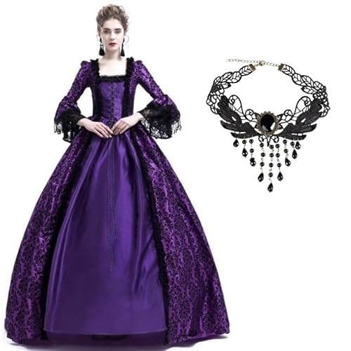 Velcoxplay Damen Langarm Mittelalter Renaissance Kleid Viktorianische Königin Kostüm Rokoko Puffärmel Maxikleid Gothic Lolita Party Swinging Abendkleid Purple XL von Velcoxplay