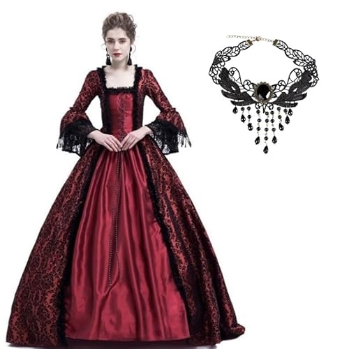 Velcoxplay Damen Mittelalterliche Viktorianischen Königin Kleid Langarm Mittelalter Renaissance kostüm Gothic Lolita Party Rokoko Puffärmel Maxikleid Rot L von Velcoxplay