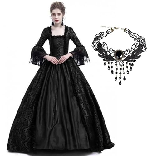 Velcoxplay Damen Mittelalterliche Viktorianischen Königin Kleid Langarm Mittelalter Renaissance kostüm Gothic Lolita Party Rokoko Puffärmel Maxikleid Schwarz L von Velcoxplay