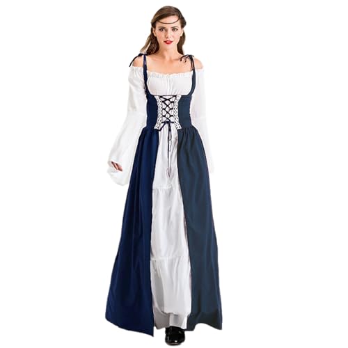 Velcoxplay Damen Renaissance Kleid, Mittelalterliche Kleid mit Trompetenärmel Mittelalter Viktorianischen Königin Kostüm Maxikleid Blau 3XL von Velcoxplay