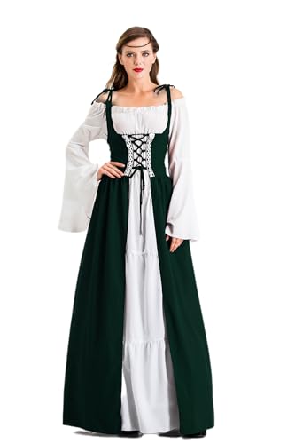 Velcoxplay Damen Renaissance Kleid, Mittelalterliche Kleid mit Trompetenärmel Mittelalter Viktorianischen Königin Kostüm Maxikleid Grün 3XL von Velcoxplay