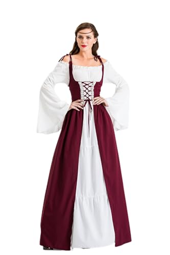 Velcoxplay Damen Renaissance Kleid, Mittelalterliche Kleid mit Trompetenärmel Mittelalter Viktorianischen Königin Kostüm Maxikleid Rot 3XL von Velcoxplay