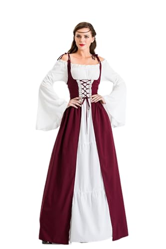 Velcoxplay Damen Renaissance Kleid, Mittelalterliche Kleid mit Trompetenärmel Mittelalter Viktorianischen Königin Kostüm Maxikleid Rot L von Velcoxplay