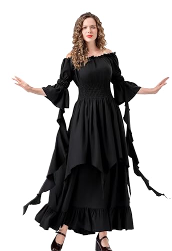 Velcoxplay Damen Retro Renaissance Kleid mit Trompetenärmel, Mittelalterliche Viktorianischen Königin Kleider Karneval Halloween Prinzessin Kostüm Schwarz 2XL-3XL von Velcoxplay