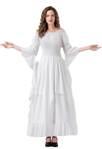 Velcoxplay Damen Retro Renaissance Kleid mit Trompetenärmel, Mittelalterliche Viktorianischen Königin Kleider Karneval Halloween Prinzessin Kostüm Weiß L-XL von Velcoxplay