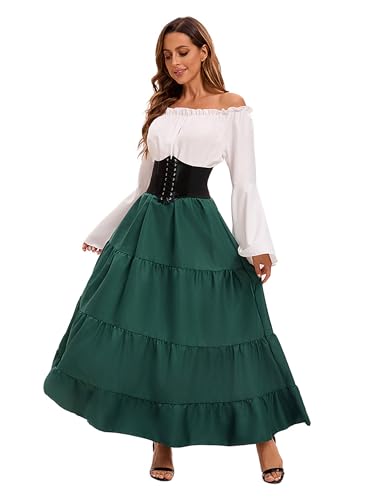 Velcoxplay Damen Schulterfrei Renaissance Mittelalter Kleid, Viktorianisches Königin Kostüm Gotisch Retro Maxikleid Karneval Halloween Party Kostüm Grün L von Velcoxplay