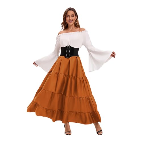 Velcoxplay Damen Schulterfrei Renaissance Mittelalter Kleid, Viktorianisches Königin Kostüm Gotisch Retro Maxikleid Karneval Halloween Party Kostüm Orange L von Velcoxplay