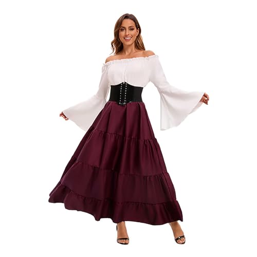 Velcoxplay Damen Schulterfrei Renaissance Mittelalter Kleid, Viktorianisches Königin Kostüm Gotisch Retro Maxikleid Karneval Halloween Party Kostüm Rot L von Velcoxplay