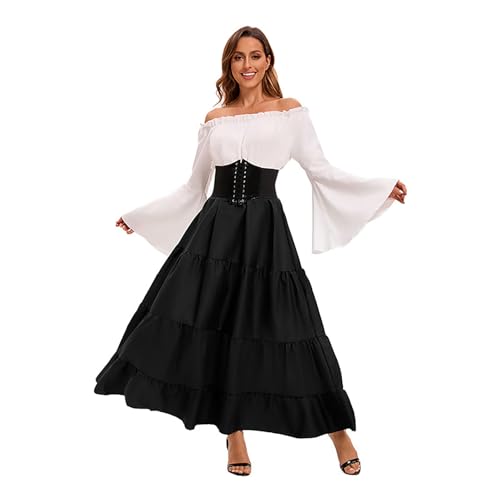 Velcoxplay Damen Schulterfrei Renaissance Mittelalter Kleid, Viktorianisches Königin Kostüm Gotisch Retro Maxikleid Karneval Halloween Party Kostüm Schwarz L von Velcoxplay