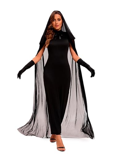 Velcoxplay Halloween Hexenkostüm Damen, Vampir Lange Kleid Horror Schwarze Geisterbraut Böse Königin Kostüm Umhang Karnevalskostüm Outfits für Erwachsene Schwarz L von Velcoxplay