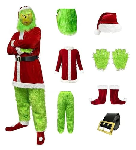 Herren Grinch Weihnachten Kostüm Cosplay Christmas Costume Set, 7 Teiliges Grünes Monsterkostüm Weihnachtsmann Outfit Weihnachtsanzug mit Maske 4XL-5XL von Velcoxplay