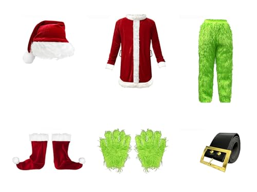 Velcoxplay Herren Weihnachten Cosplay Christmas Costume Santa Claus Set, 7 Teiliges Grünes Monsterkostüm Weihnachtsmann Outfit Weihnachtsanzug mit Maske 4XL-5XL von Velcoxplay