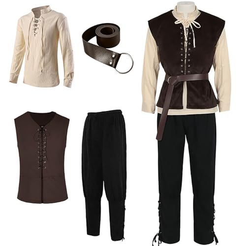 Velcoxplay Mittelalter Kleidung Herren Set, 4 Stück Herren Renaissance Kostüm Mittelalter Viking Kostüm mit Piratenhemd Weste Lang Hose Gürtel L von Velcoxplay