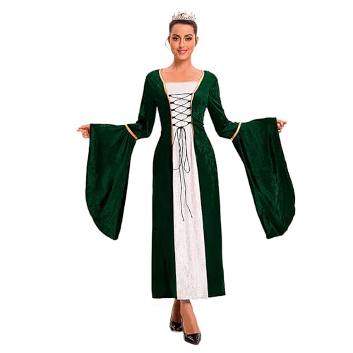 Velcoxplay Retro Mittelalter Kleidung Damen Samtkleid mit Trompetenärmel, Mittelalterliche Viktorianischen Königin Kleider Renaissance Festlich Halloween Karneval Gothic Kostüm Grün L von Velcoxplay