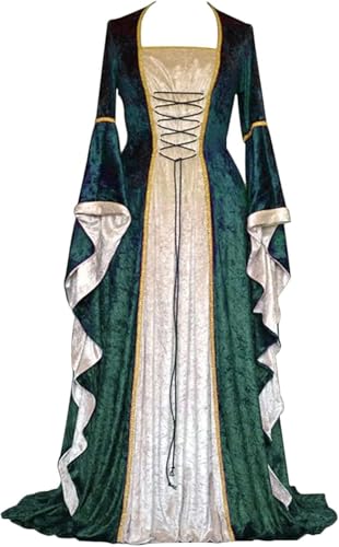 Velcoxplay Retro Mittelalter Kleidung Damen Samtkleid mit Trompetenärmel, Mittelalterliche Viktorianischen Königin Kleider Renaissance Festlich Halloween Karneval Gothic Kostüm Grün M von Velcoxplay