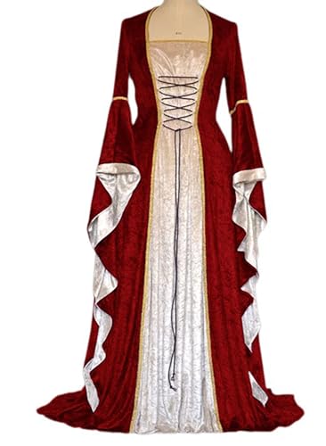 Velcoxplay Retro Mittelalter Kleidung Damen Samtkleid mit Trompetenärmel, Mittelalterliche Viktorianischen Königin Kleider Renaissance Festlich Halloween Karneval Gothic Kostüm Rot M von Velcoxplay