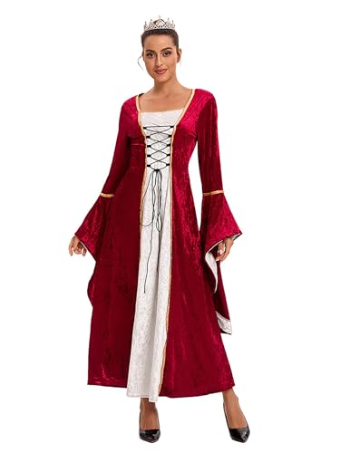 Velcoxplay Retro Mittelalter Kleidung Damen Samtkleid mit Trompetenärmel, Mittelalterliche Viktorianischen Königin Kleider Renaissance Festlich Halloween Karneval Gothic Kostüm Rot XXL von Velcoxplay