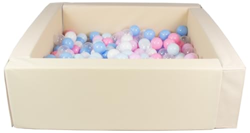 Bällebad Bällepool Bällebecken Spielbecken Kinderpool quadratisch 200 Bälle (Farbe des Pools/der Bälle: cappuccinofarben/weiß, transparent, hellblau, rosa, pink (Pastell), blau (Pastell)) von Velinda