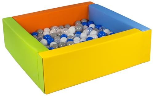 Velinda Bällebad Bällepool Bällebecken Spielbecken Kinderpool quadratisch 200 Bälle (Farbe des Pools/der Bälle: gelb, grün, blau, orange/weiß, transparent, blau, grau) von Velinda