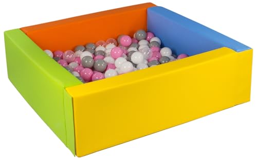 Velinda Bällebad Bällepool Bällebecken Spielbecken Kinderpool quadratisch 200 Bälle (Farbe des Pools/der Bälle: gelb, grün, blau, orange/weiß, transparent, rosa, grau) von Velinda