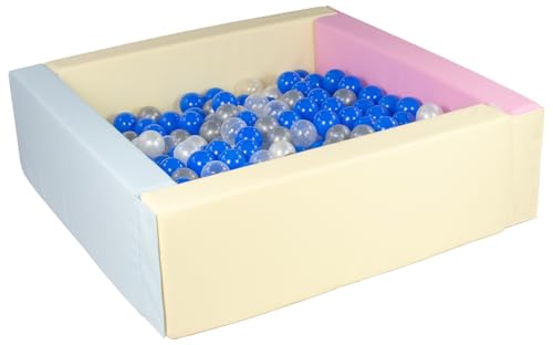 Velinda Bällebad Bällepool Bällebecken Spielbecken Kinderpool quadratisch 200 Bälle (Farbe des Pools/der Bälle: pink, blau, gelb (Pastell)/perlweiß, transparent, blau, silberfarben) von Velinda