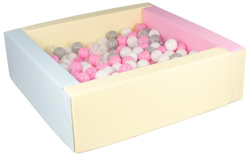 Velinda Bällebad Bällepool Bällebecken Spielbecken Kinderpool quadratisch 200 Bälle (Farbe des Pools/der Bälle: pink, blau, gelb (Pastell)/weiß, transparent, rosa, grau) von Velinda