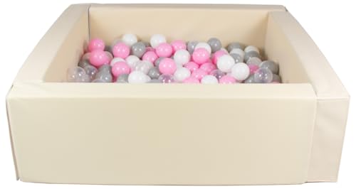 Velinda Bällebad Bällepool Bällebecken Spielbecken Kinderpool quadratisch 300 Bälle (Farbe des Pools/der Bälle: cappuccinofarben/weiß, transparent, rosa, grau) von Velinda