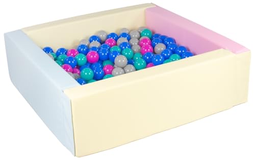 Velinda Bällebad Bällepool Bällebecken Spielbecken Kinderpool quadratisch 300 Bälle (Farbe des Pools/der Bälle: pink, blau, gelb (Pastell)/blau, pink, grau, türkis) von Velinda